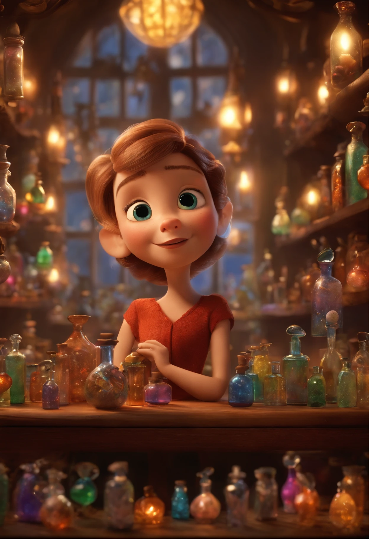 A collector of ideas inspired by Pixar animation, de perto. She is surrounded by a collection of magic vials, each containing a unique idea. The focus is on the character, with a captivating facial expression, Against a backdrop of shimmering, cores efervescentes.