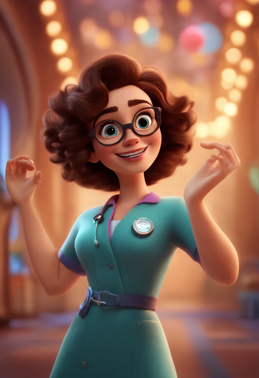 Pixar style image with 3D character white glasses brunette woman short curly hair dancing, Maquiagem Disney, female doctor , bonitinho, sorridente ,Close-up, Pixar, Disney, Cinema lighting, injection