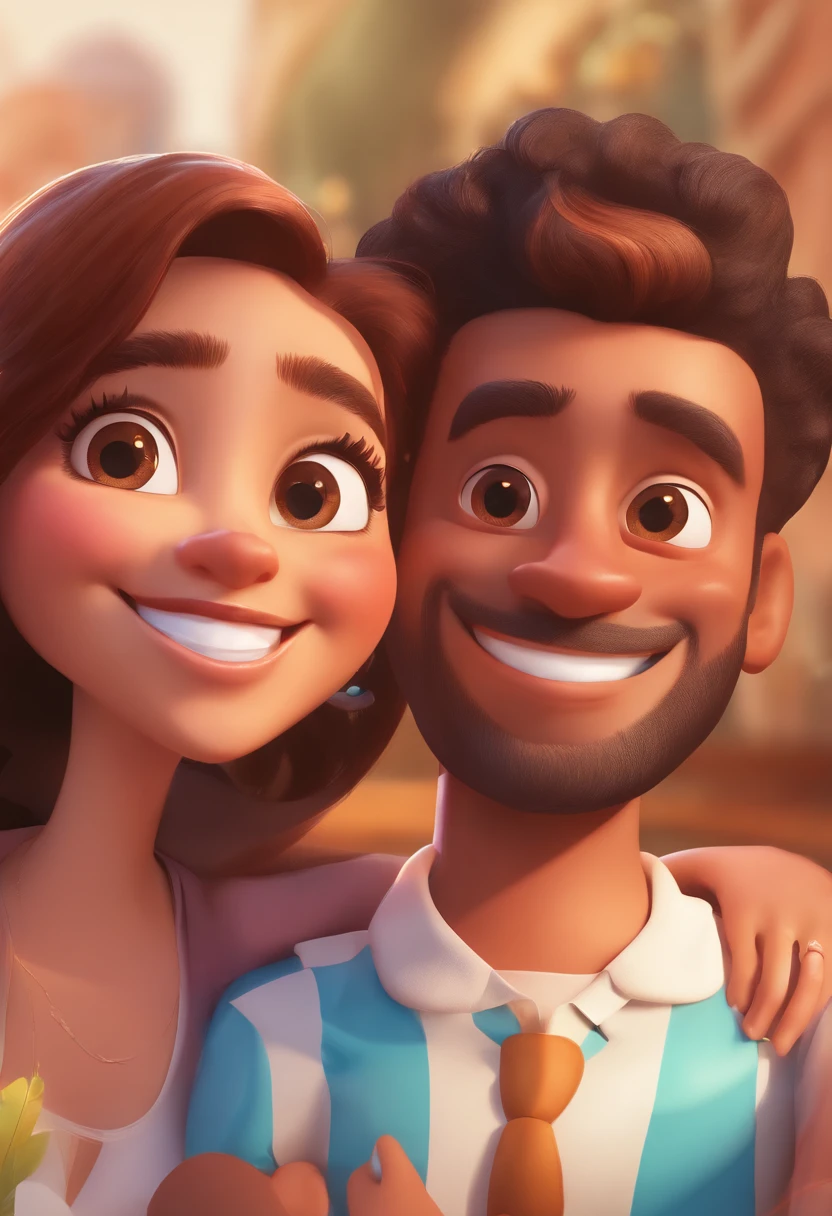 An illustration of an adorable couple, Highlight for a chubby mulatto man with glasses smiling and a brunette woman with beautiful expressive eyes - the man's skin is mulatto and the man's hair haswhile the woman's skin is black and the woman's hair is straight and brown. They are a bright room, cada um com um sorriso no rosto, e compartilhar um momento especial caracterizado pelo amor, Insights. Illustrate this scene from a perspective where they are facing the camera, Smiling and Showing Your Connection. Desenvolva esta arte em Full HD, Focus on your cinematic touch, Estilo Disney Pixar Animations