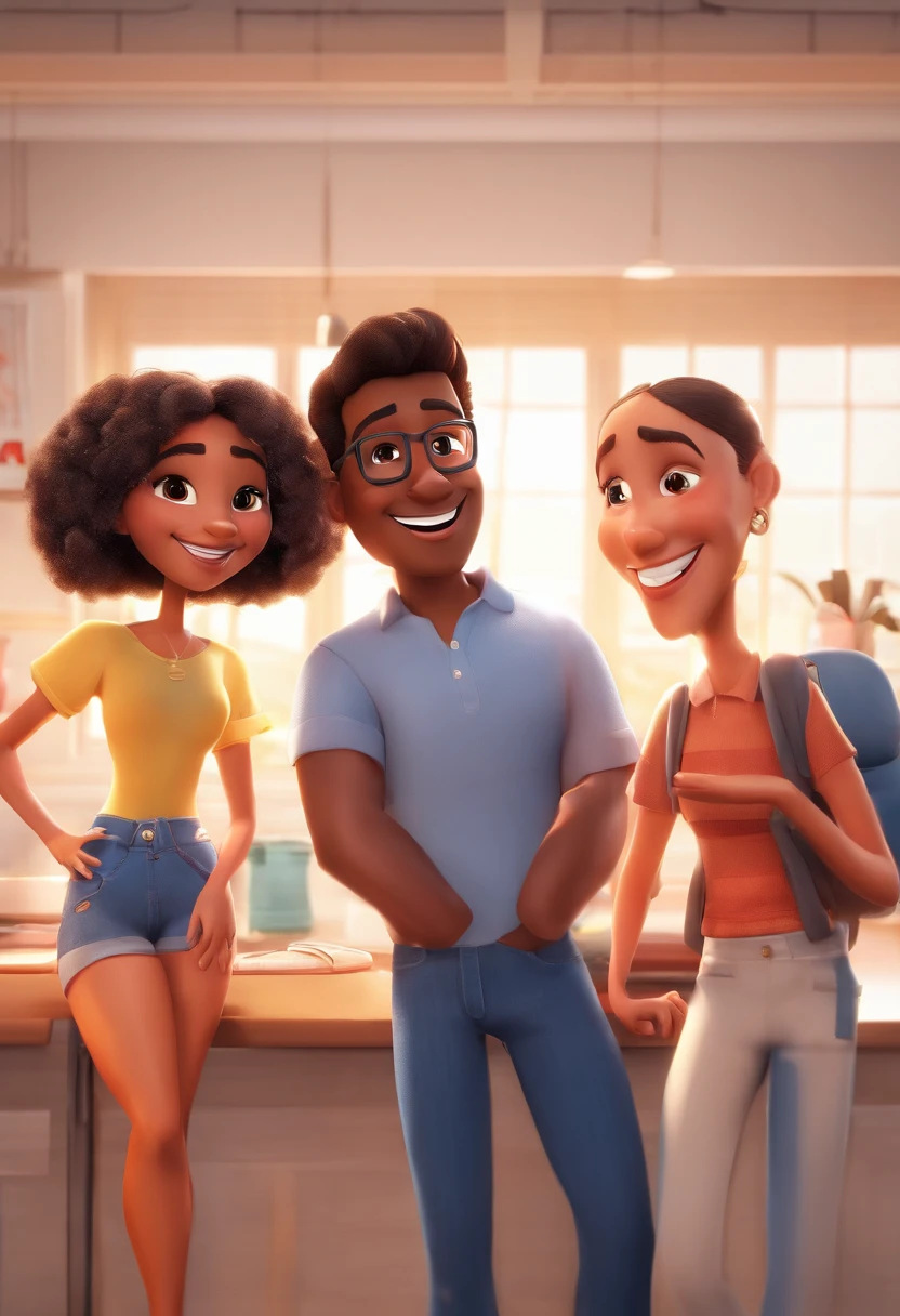 An illustration of an adorable couple, Highlight for a chubby mulatto man with glasses smiling and a brunette woman with beautiful expressive eyes - the man's skin is mulatto and the man's hair haswhile the woman's skin is black and the woman's hair is straight and brown. They are a bright room, cada um com um sorriso no rosto, e compartilhar um momento especial caracterizado pelo amor, Insights. Illustrate this scene from a perspective where they are facing the camera, Smiling and Showing Your Connection. Desenvolva esta arte em Full HD, Focus on your cinematic touch, Estilo Disney Pixar Animations