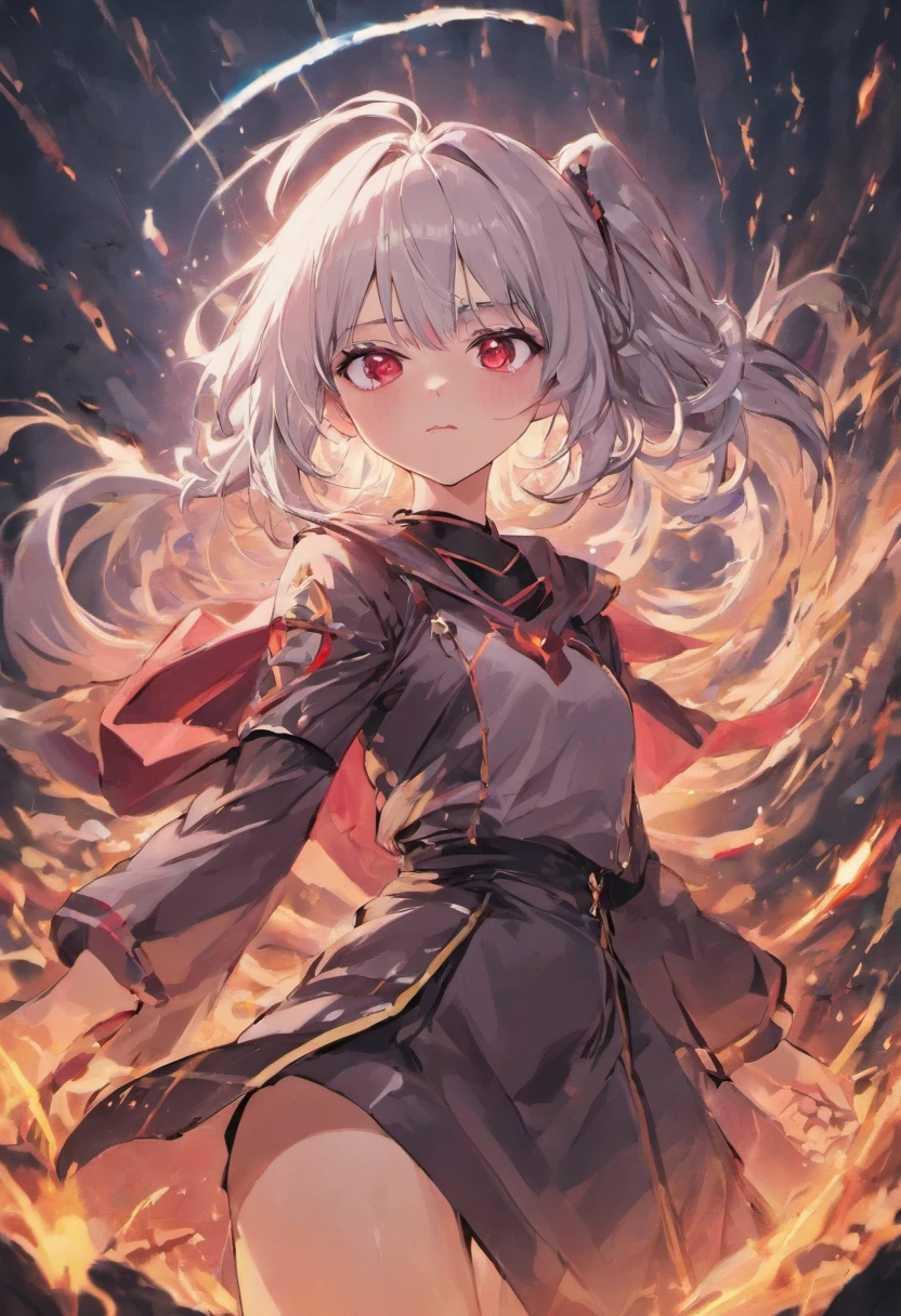 beuaty girl，23years old，White hair，red eyes，beautiful  face，Evil tornado，Behind her was a demonic Japanese sword