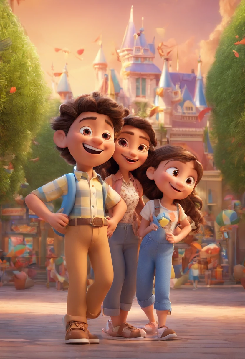 Cartoon of friends having fun on vacation together, 3D Animation Movie Poster, Poster de filme animado, pixar 3 d animation style, pixar renderman rendering, maia 8 mil, animated film, Disney Pixar Estilo 3D, amigos felizes saem juntos, all wearing light blue shirts and cream brown long pants, camisa azul clara, cream brown pants, ao ar livre, vacation, Disney Pixar Animation Poster
