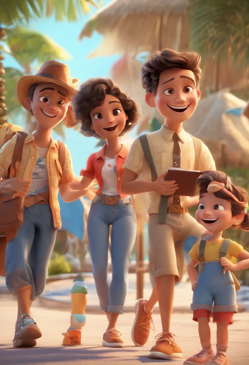 Cartoon of friends having fun on vacation together,  3D Animation Movie Poster, Poster de filme animado, pixar 3 d animation style, pixar renderman rendering, maia 8 mil, animated film, Disney Pixar Estilo 3D, amigos felizes saem juntos, all wearing light blue shirts and cream brown long pants, camisa azul clara, cream brown pants, ao ar livre, vacation, Disney Pixar Animation Poster