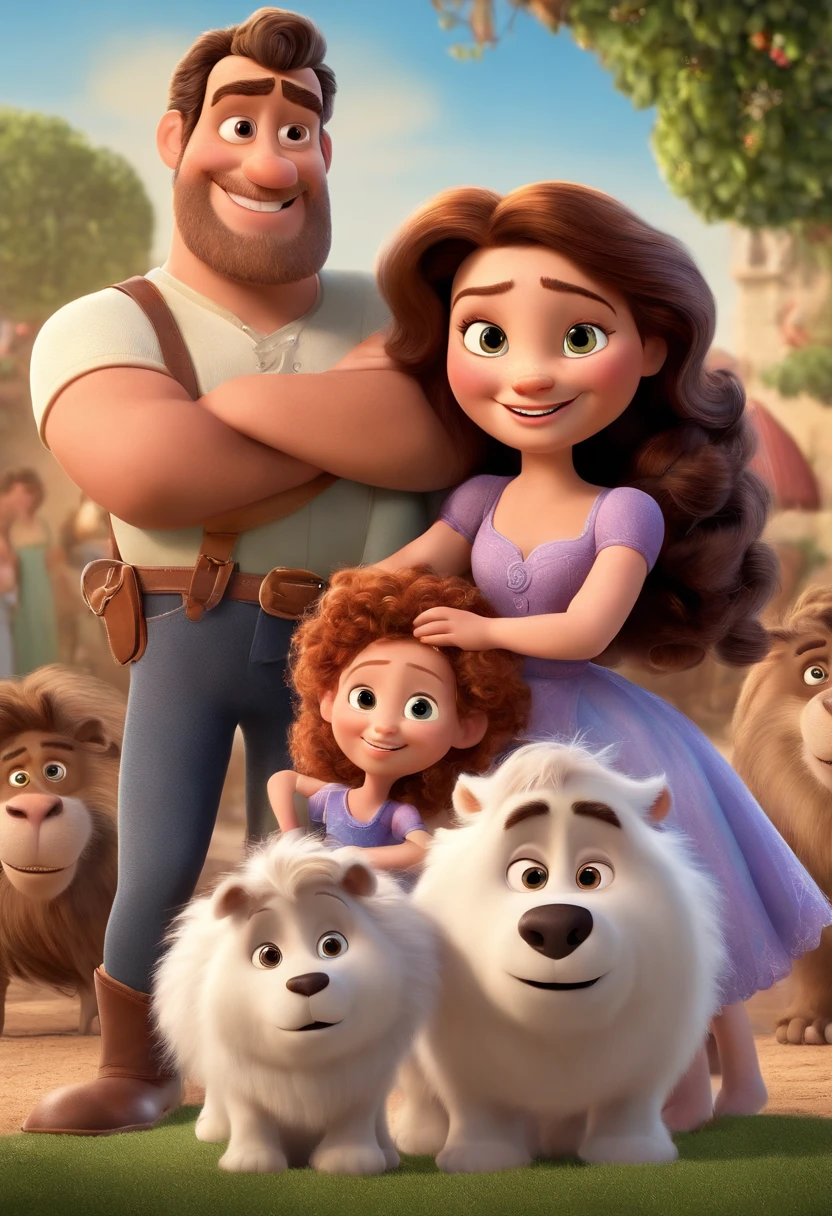 a Disney Pixar movie poster showing a white-skinned family. The father is the tallest, Tem barba curta, loiro, cabelos curtos e espinhosos. The mother has brown eyes and hair, shoulder-length and is slightly overweight. A menina tem 4 anos e cabelos castanhos, roupa rosa e rabos de cavalo. The background is a beach garden. 3D-rendering
