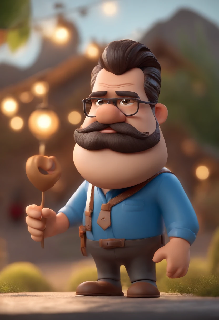 Cartoon character of a 45-year-old man with a short beard and with black glasses and a blue shirt, montado em um cavalo marrom, animation character, Caractere estilizado, animation style rendering, 3D estilizado, Arnold Maya render, 3 d render stylized, toon render keyshot, Personagem 3D, Personagem 3D, 3d rendering stylized, 3 d character render, personagem de desenho animado, Personagem de close up, Pose de personagem,  (Estilo Pixar) (master part:1.2) (Bokeh) (best quality) (pele detalhada) (textura detalhada) (8k) (argila) (Cinematic lighting) (foco nítido