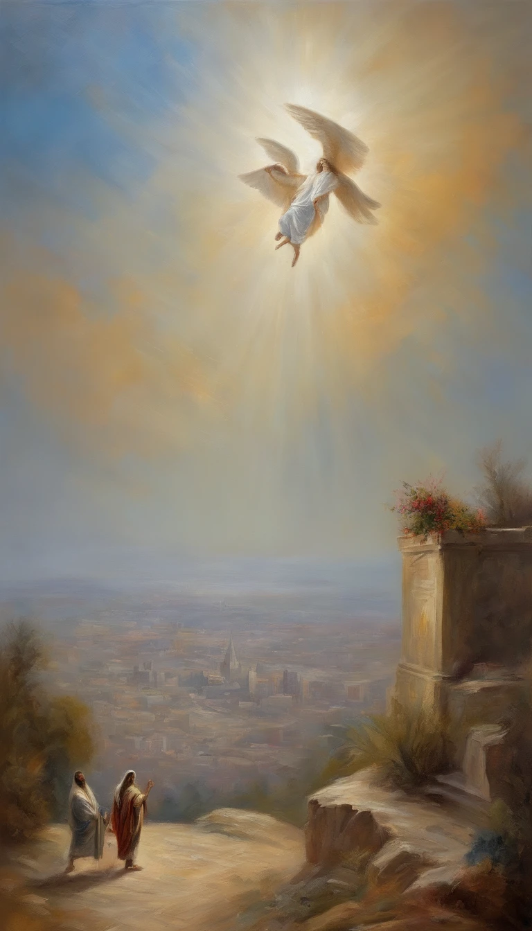 pintura hiper realista, com israel ao fundo, And Jesus and Archangel Michael hovering over the city with their hands in the form of prayer