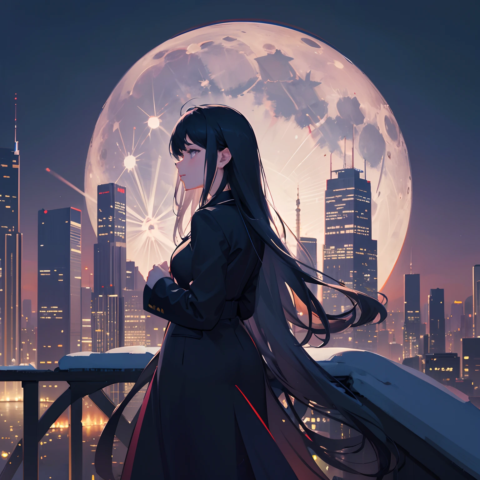 a moonlit city,night scene,sleek skyscrapers,twinkling lights,urban landscape, glowing moon, mysterious shadows,showcase the tranquility and vibrance of the city at night,impressive city skyline,dreamlike ambiance,serene moonlight casting a gentle glow,city that never sleeps,breathtaking cityscape,metropolis bathed in moonlight,artistic representation of a bustling city at night