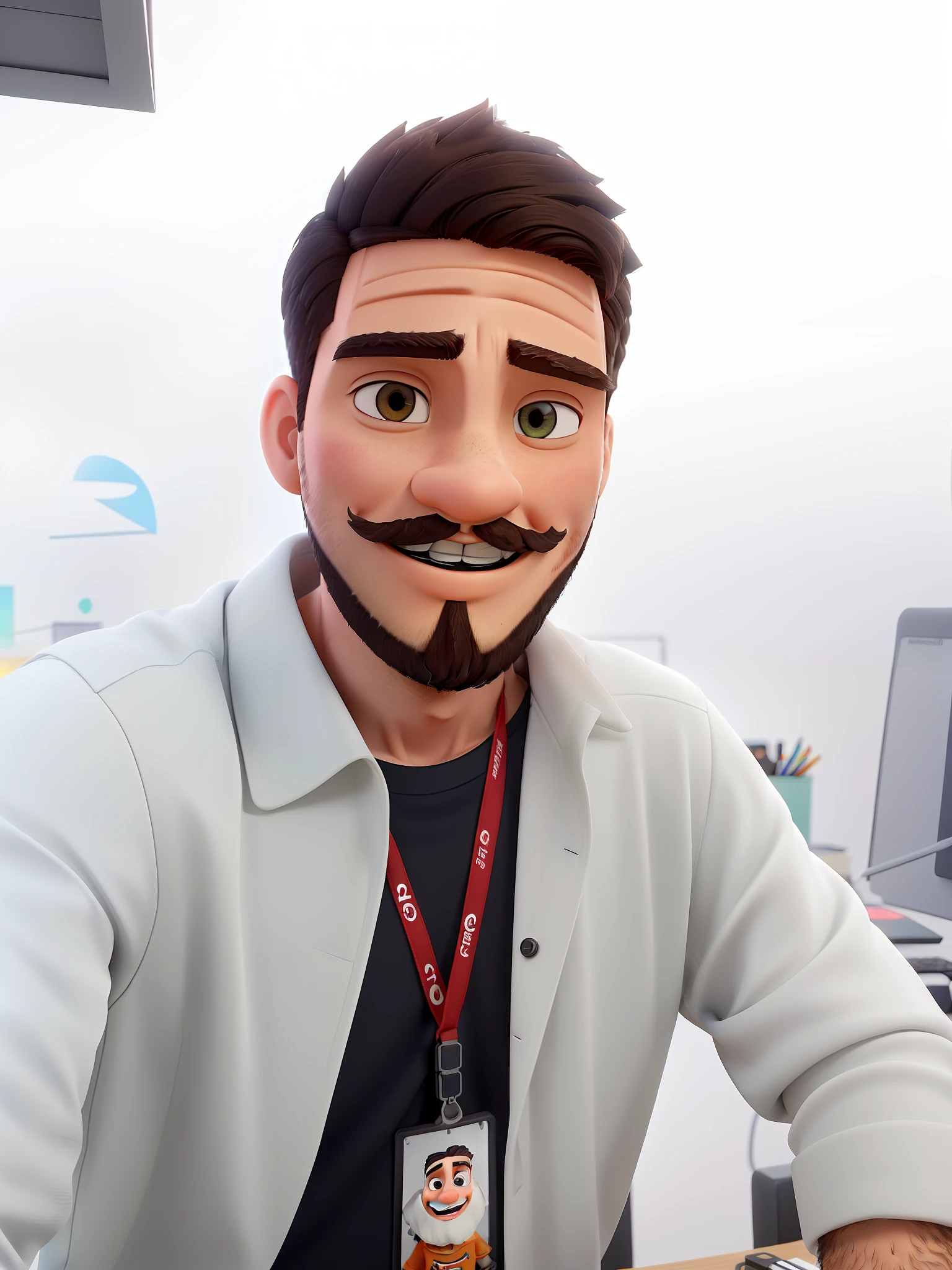 (Um jovem Homem) , olhos castanhos escuros, (sorridente), (Standing in front), (bigode com cavanhaque e barba raspado limpo), (Illuminated by aerial light), (Set against the backdrop of a graphic design office), (imagem de alta qualidade).
