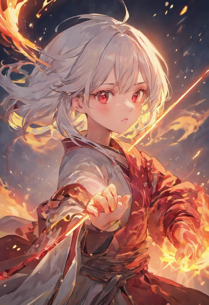 (best quality,4k,highres,masterpiece:1.2),ultra-detailed,(realistic:1.37),beautiful girl,23 years old,white hair,red eyes,beautiful face,evil fire skill,demonic Japanese sword