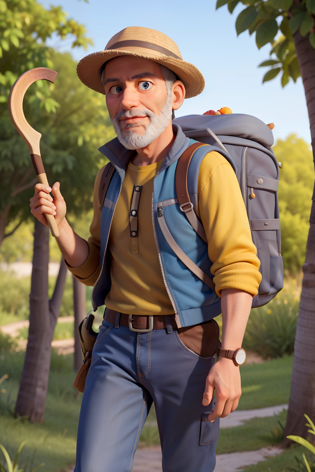 obra-prima, alta qualidade melhor qualidade, close up, 50-year-old man with short grey beard blue eyes, black cap and yellow jacket adventurer with staff in hand and backpack on his back walking the Camino de Santiago and following the yellow arrow, aventura, explorador, ao ar livre, natureza, caminhadas, backpacked, camping, montanha, floresta, deserto, curiosidade, exploration, viagem, descoberta, viagem, wanderlust, expedition, trailblazer, jovem, energetic, ativo, destemido, corajoso, curioso, imaginativo, criativo, independente, ao ar livre, amante da natureza, descoberta, Thrill Seeker, , frisky, free spirit, robusto, explorador do deserto, jovem aventureiro, mochileiro, explorador em Treinamento, adventurer in training, Entusiasta ao ar livre.