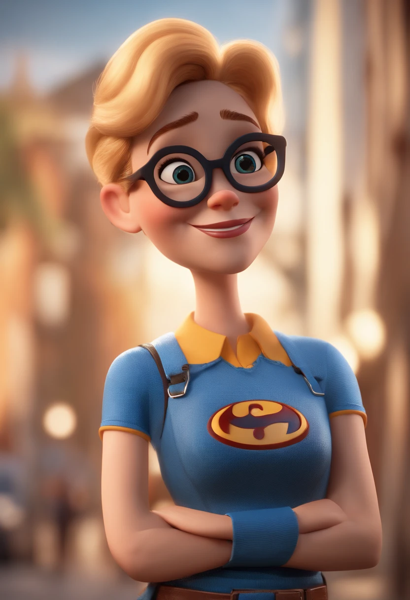 Cartoon character of a blonde woman with black glasses and a blue shirt, Pixar Style Animation Character, Caractere estilizado, animation style rendering, 3D estilizado, Arnold Maya render, 3 d render stylized, toon render keyshot, Personagem 3D, Personagem 3D, 3d rendering stylized, 3 d character render, personagem de desenho animado, Personagem de close up, Pose de personagem, (Estilo Pixar) (master part:1.2) (Bokeh) (best quality) (pele detalhada) (textura detalhada) (8k) (argila) (Cinematic lighting) (foco nítido