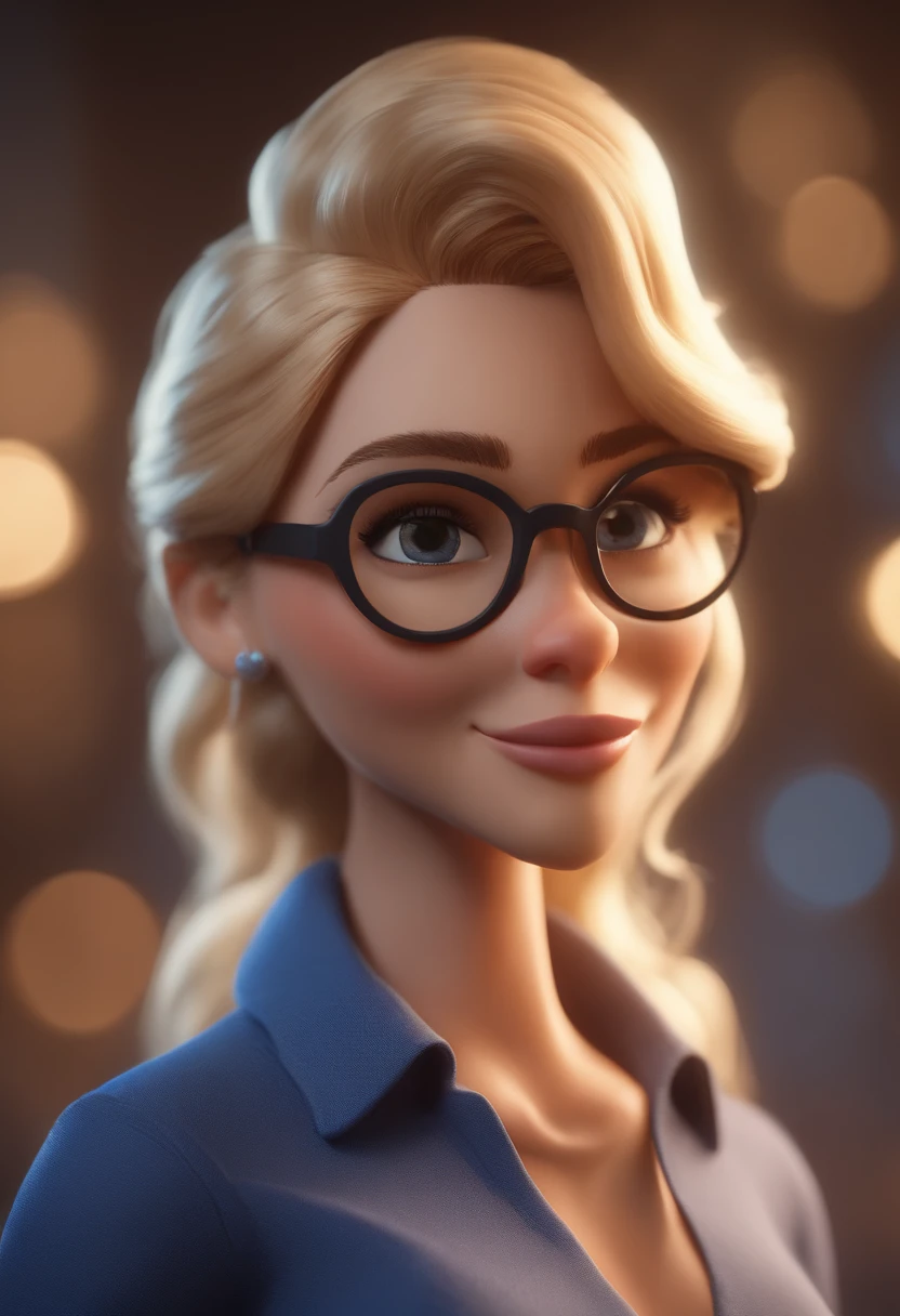 Cartoon character of a blonde woman with black glasses and a blue shirt, Pixar Style Animation Character, Caractere estilizado, animation style rendering, 3D estilizado, Arnold Maya render, 3 d render stylized, toon render keyshot, Personagem 3D, Personagem 3D, 3d rendering stylized, 3 d character render, personagem de desenho animado, Personagem de close up, Pose de personagem,  (Estilo Pixar) (master part:1.2) (Bokeh) (best quality) (pele detalhada) (textura detalhada) (8k) (argila) (Cinematic lighting) (foco nítido