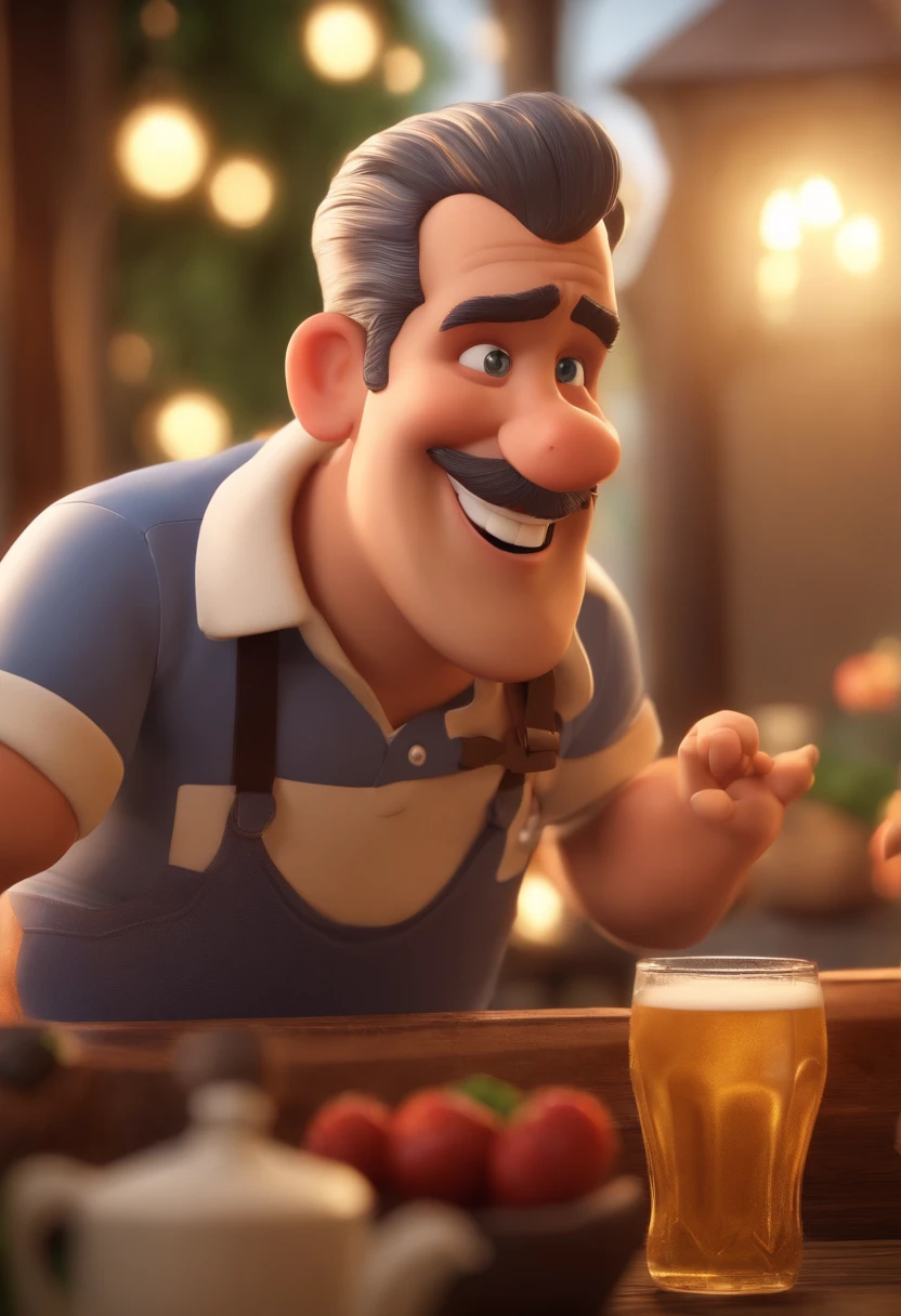 A man barbecuing and drinking wine by the glass, 35 anos, with sun glasses, straw hat. Cozinha de fundo, super hiper detalhado, 8k uhd, 3D-rendering, estilo moderno Disney Pixar.