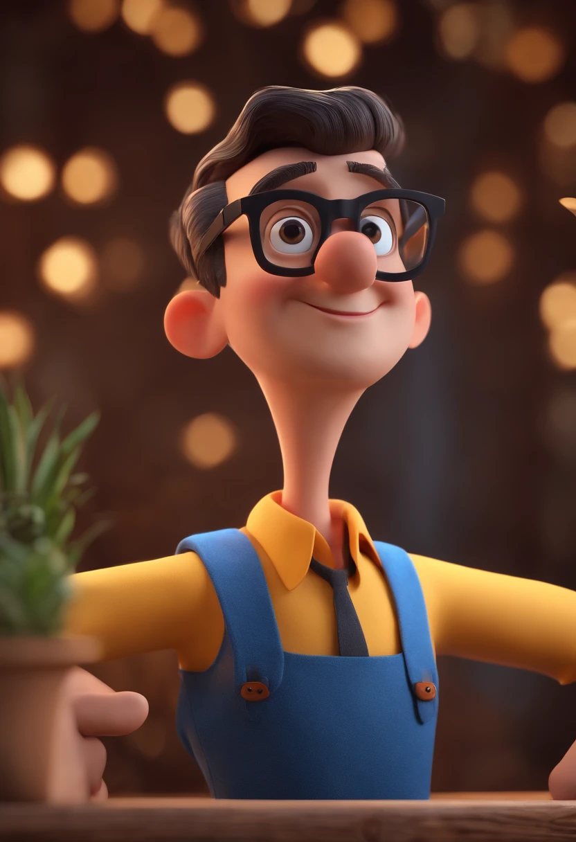 Cartoon character of a man with black glasses and a blue shirt, animation character, Caractere estilizado, animation style rendering, 3D estilizado, Arnold Maya render, 3 d render stylized, toon render keyshot, Personagem 3D, Personagem 3D, 3d rendering stylized, 3 d character render, personagem de desenho animado, Personagem de close up, Pose de personagem,  (Estilo Pixar) (master part:1.2) (Bokeh) (best quality) (pele detalhada) (textura detalhada) (8k) (argila) (Cinematic lighting) (foco nítido