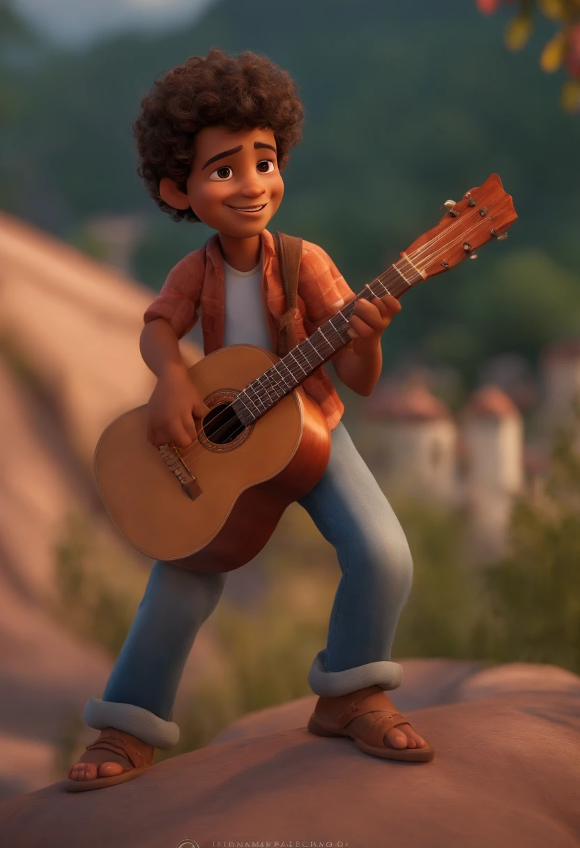 crie um banner no estilo Pixar. A boy with Indian features, moreno pardo com cabelos curtos, castanhos escuros, curly and slightly graying but youthful appearance, usando uma camiseta, Wearing jeans and holding a classical guitar with 7 strings.