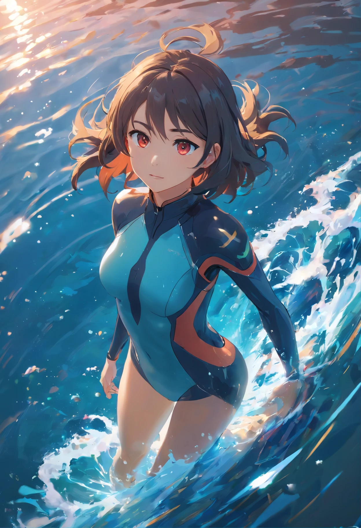 A girl in a wetsuit, In the sea, animemanga girl, In the ocean, wallpaper anime blue water, In the water, on the ocean water, wet suit，diving bcd,diving mask,diving fins （white colors，long whitr hair：1.4）， Red eyes， hdr（HighDynamicRange）， Ray traching， NVIDIA RTX， Hyper-Resolution， Unreal 5， sub surface scattering， PBR Texture， Post-processing， Anisotropic filtering， depth of fields ，Maximum clarity and sharpness， Many-Layer Textures， Albedo e mapas Speculares， Surface coloring， Accurate simulation of light-material interactions， rendering by octane， twotonelighting， Low ISO， White balance， trichotomy， largeaperture， 8K raw data， High-Efficiency Sub-Pixel， sub-pixel convolution， （Luminous Particle：1.4）， {{tmasterpiece， best qualtiy， extremaly detailed cg， Unity 8k壁纸， 。.3D， cinmatic lighting， lens flare glow}}