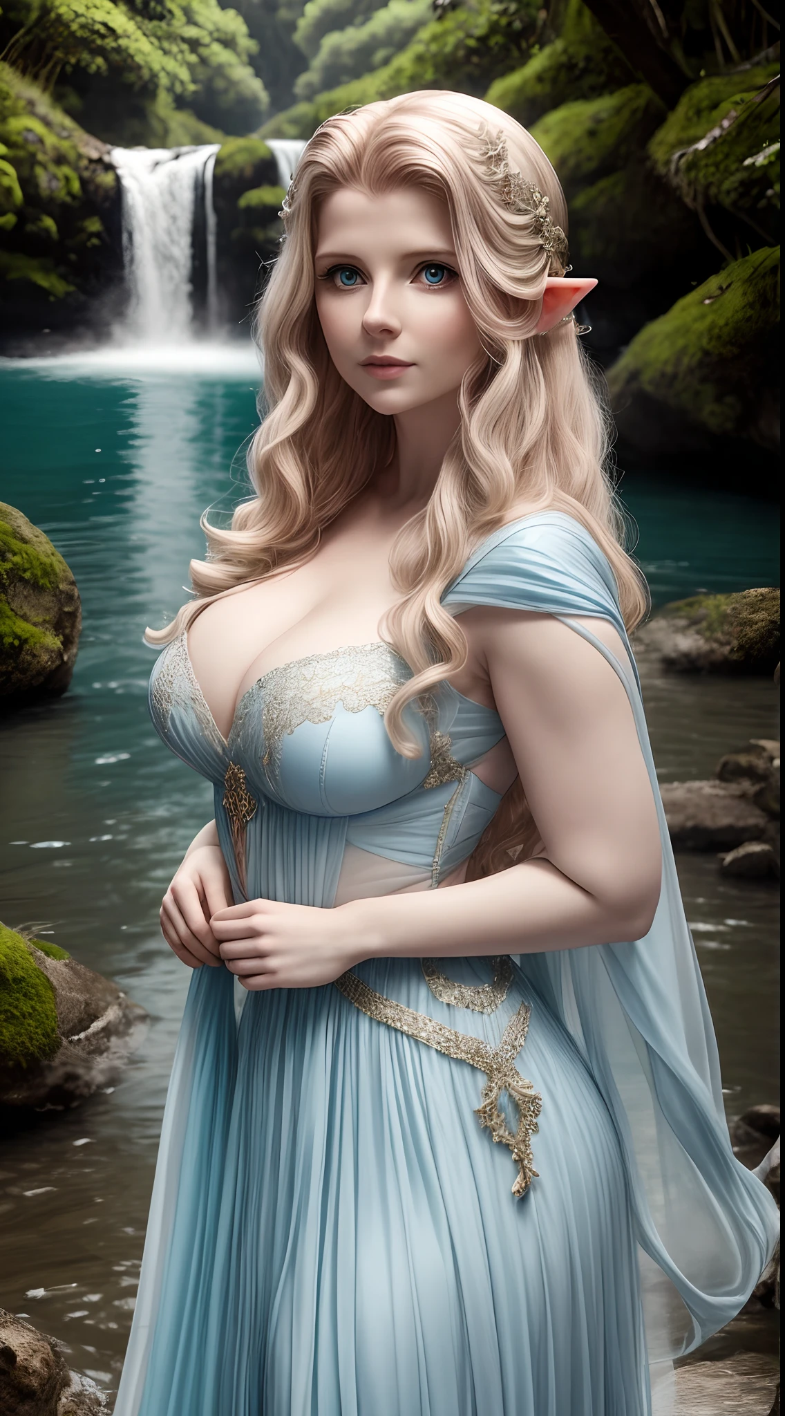 Rachel Hurd-Wood as a pale mythological elf in a long light blue dress, Tecido drapeado, estilo grego, cabelos loiro claro, cabelo soltos ao vento, orelhas de elfo, facial expression of tenderness, look-at-camera, Beautiful face looking at the camera, body curvy, Vista lateral do corpo, corpo dentro do lago, corpo molhado, roupa molhada, transparency, Romantismo, lago, cachoeira, imagem 64k