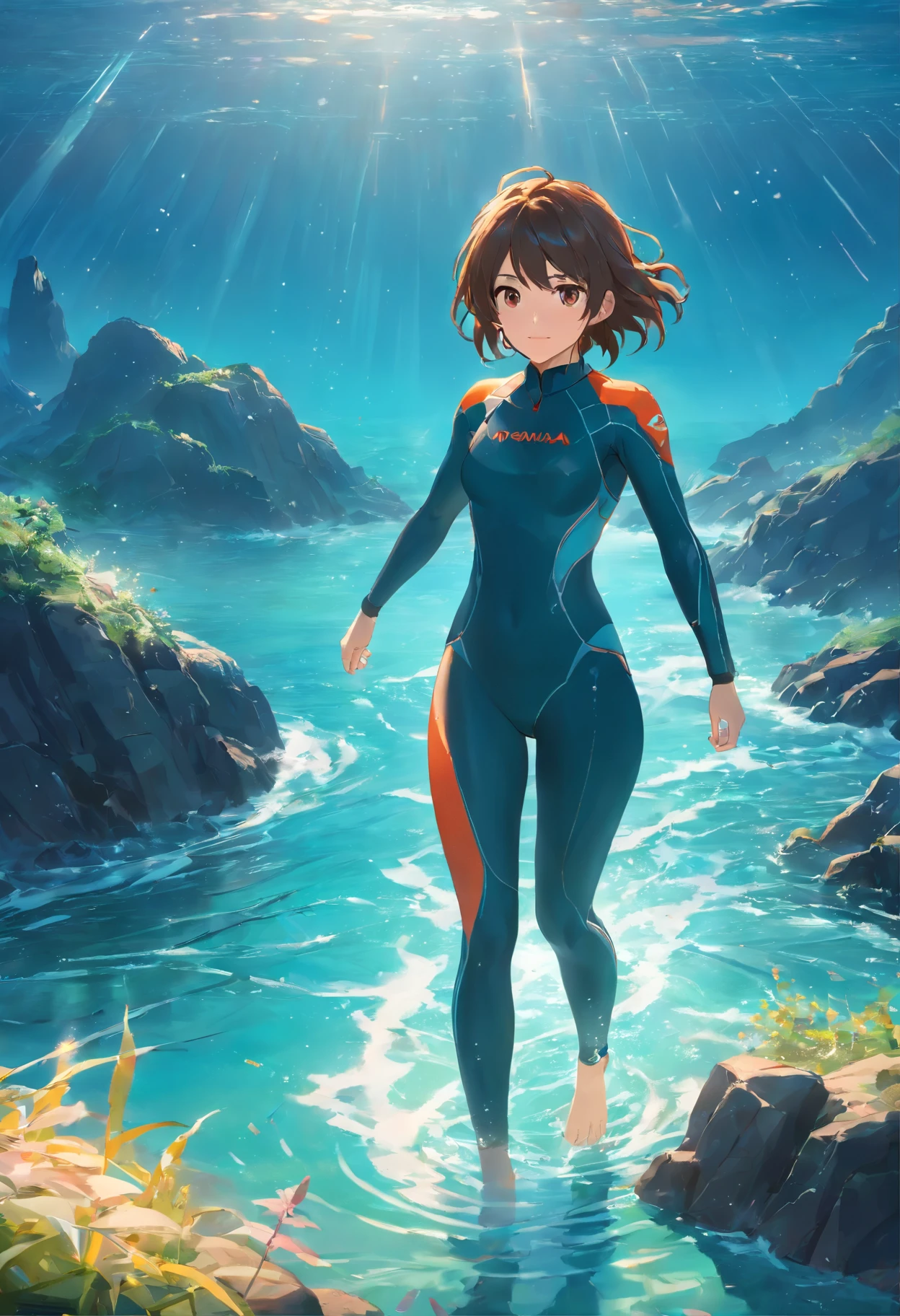 A girl in a wetsuit in the water, In the sea, Anime girl walking on water, In the ocean, wallpaper anime blue water, In the water, on the ocean water, wet suit, (White with long hair:1.4), Red eyes, HDR(HighDynamicRange), Ray traching, NVIDIA RTX, Hyper-Resolution, Unreal 5, sub surface scattering, PBR Texture, Post-processing, Anisotropic filtering, depth of fields ,Maximum clarity and sharpness, Many-Layer Textures, Albedo e mapas Speculares, Surface Coloring, Accurate simulation of light-material interactions, rendering by octane, twotonelighting, Low ISO, White balance, trichotomy, largeaperture, 8K RAW, High-Efficiency Sub-Pixel, sub-pixel convolution, (Luminous Particle:1.4), {{tmasterpiece, best qualtiy, extremaly detailed cg, Unity 8k壁纸, 3D, cinmatic lighting, lens flare glow}}