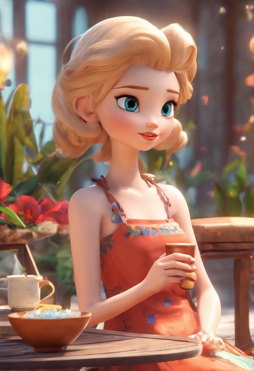 best quality, master part, fotorrealista, extremamente detalhado CG unidade 8k papel de parede, Chibi,1girl, Elsa,sozinho, cheio_corpo, sorrir, Olhando_em_visualizador, ao ar livre, cabelos lisos, soltos, Pretty dark sittin' at a table sipping coffee in her garden