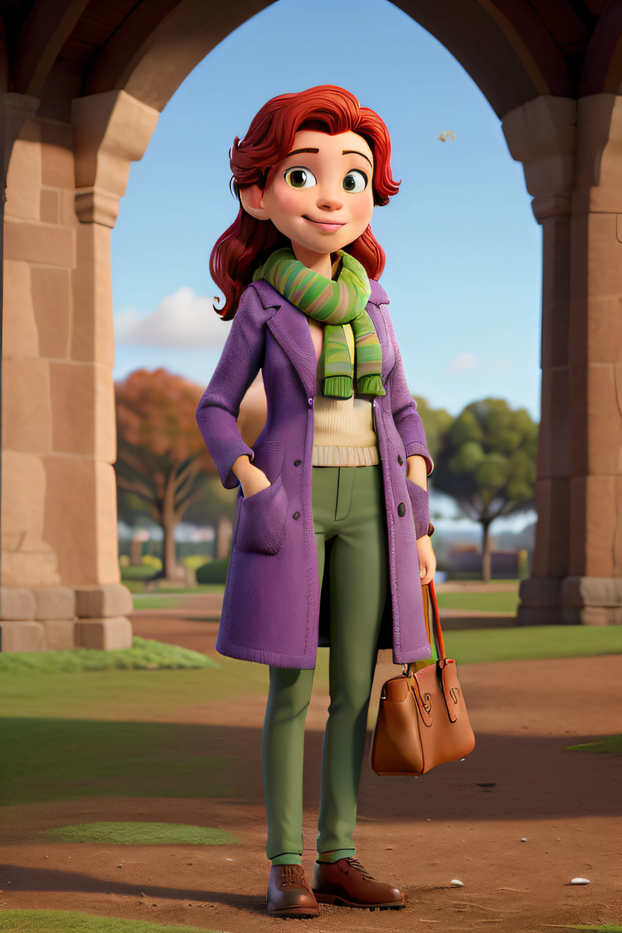 Obra-prima, de melhor qualidade, uma jovem ruiva, wearing a purple coat and green scarf, Standing in the park