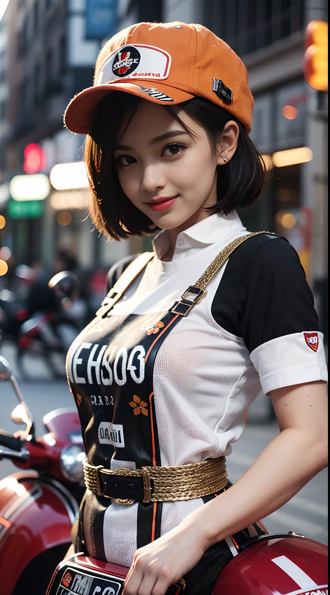 Top quality, realistic, award-winning illustrations, (intricate details: 1.2), (fine details), (intricate details), (cinematic lights, highest quality), sharp lines, sharp focus, official art, 16k, smiling woman, Brazilian, wearing hat, orange and black hat, posing for photos, (( Motorcycle Vespa model 1970)), white background, playful young boss, woman with amazing body, wearing a black and orange apron uniform, with medium black hair, a roll of fabric, next to a black hornet motorcycle, accentuated feminine features flirting with the camera