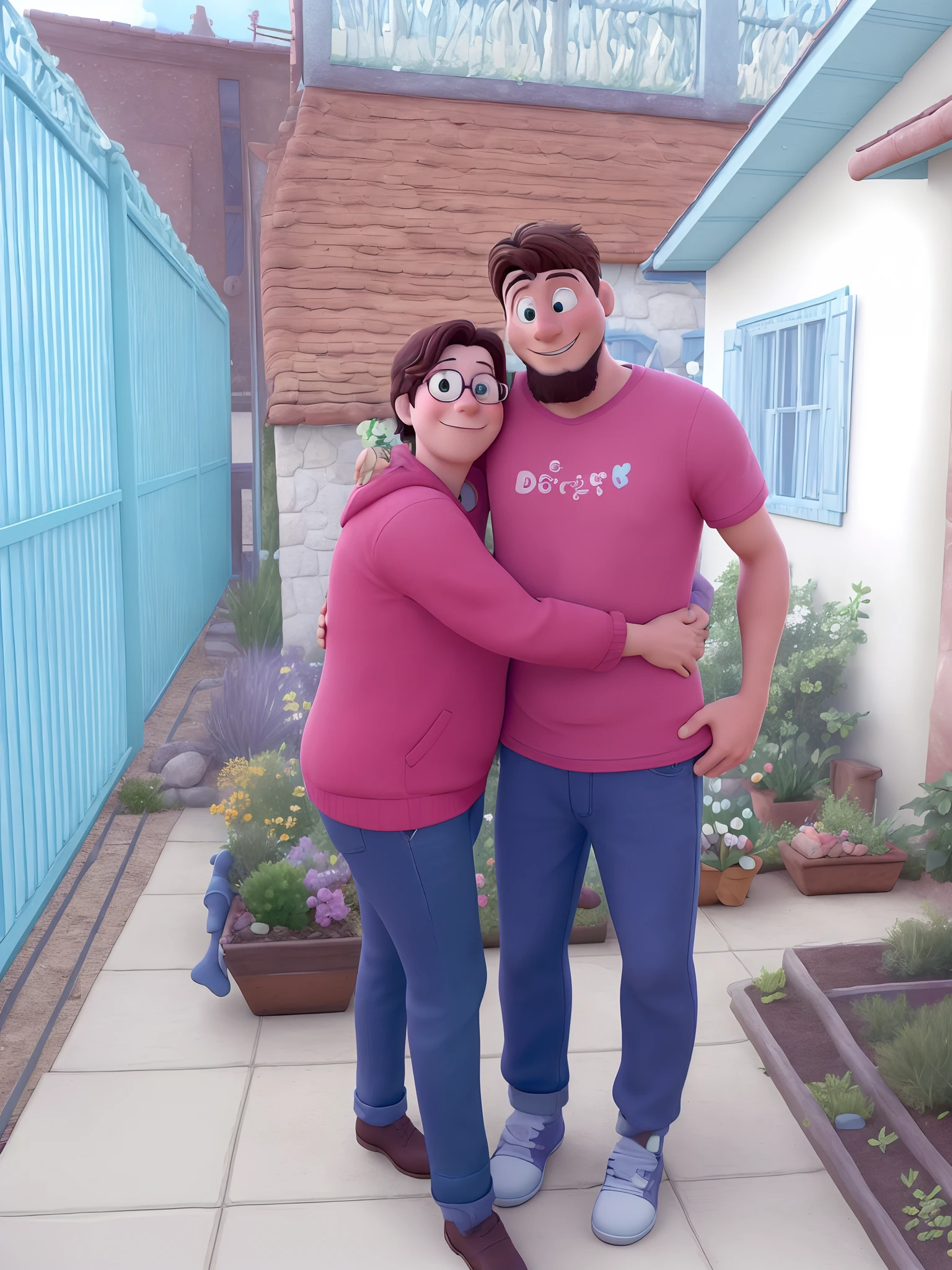 Recriar imagem, Of mother and son hugging each other with adorable house in the background and beautiful garden in Disney Pixar style with high quality.