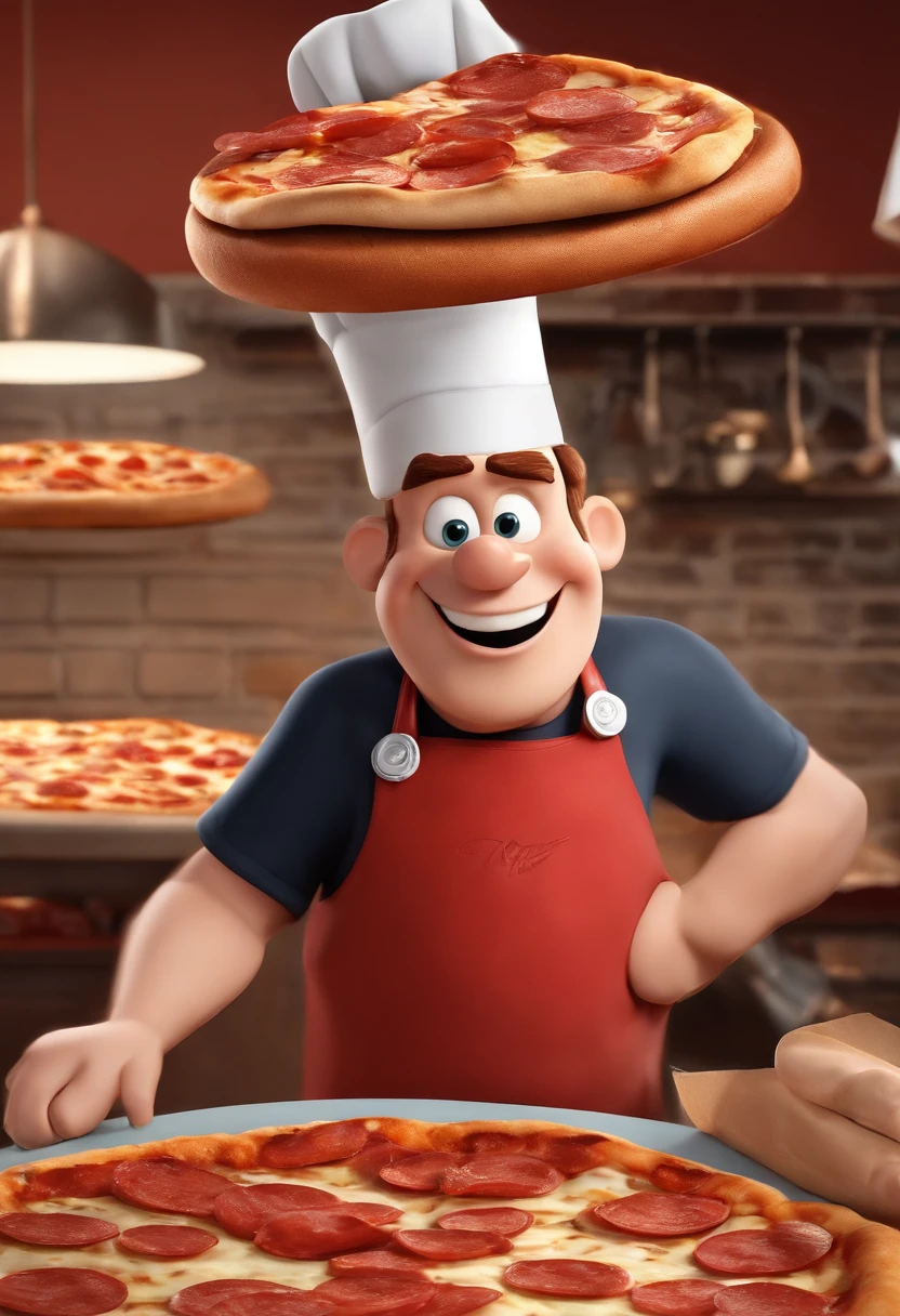 quero uma imagem estilo poster de pixar, 3d, de um homem branco com o cabelo castanho escuro, repartido de lado, com roupa de pizzaiolo com a logo escrito "Filhão Pizzas" com fundo vermelho e letras brancas, With a pizza in hand, mostrar corpo inteiro, fundo cozinha de restaurante