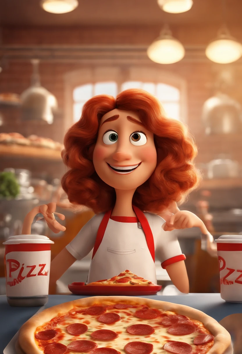 quero uma imagem estilo poster de pixar, 3d, de um homem branco com o cabelo castanho escuro, repartido de lado, com roupa de pizzaiolo com a logo escrito "Filhão Pizzas" com fundo vermelho e letras brancas, With a pizza in hand, mostrar corpo inteiro, fundo cozinha de restaurante