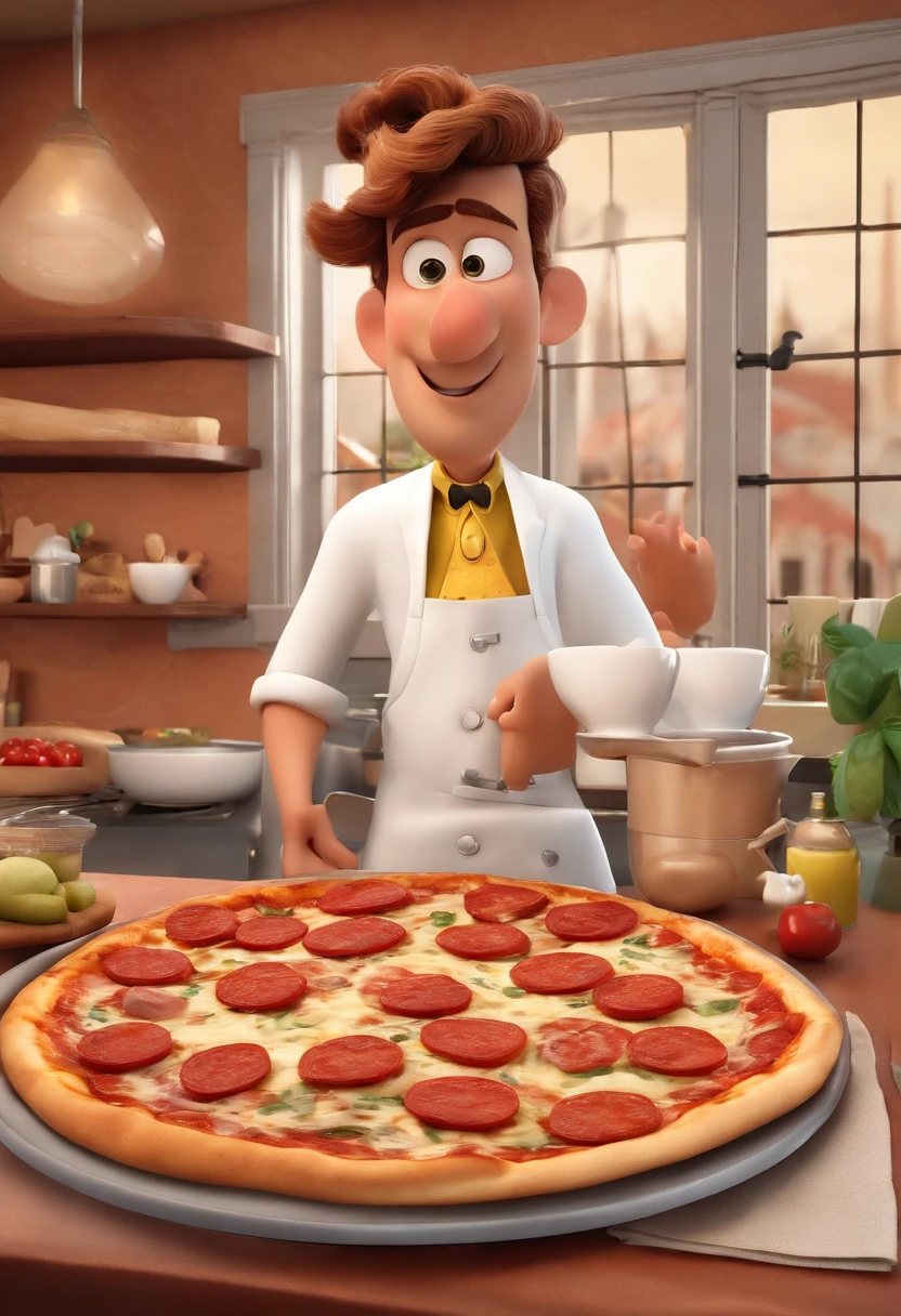 quero uma imagem estilo poster de pixar, 3d, de um homem branco com o cabelo castanho escuro, repartido de lado, com roupa de pizzaiolo com a logo escrito "Filhão Pizzas" com fundo vermelho e letras brancas, With a pizza in hand, mostrar corpo inteiro, fundo cozinha de restaurante