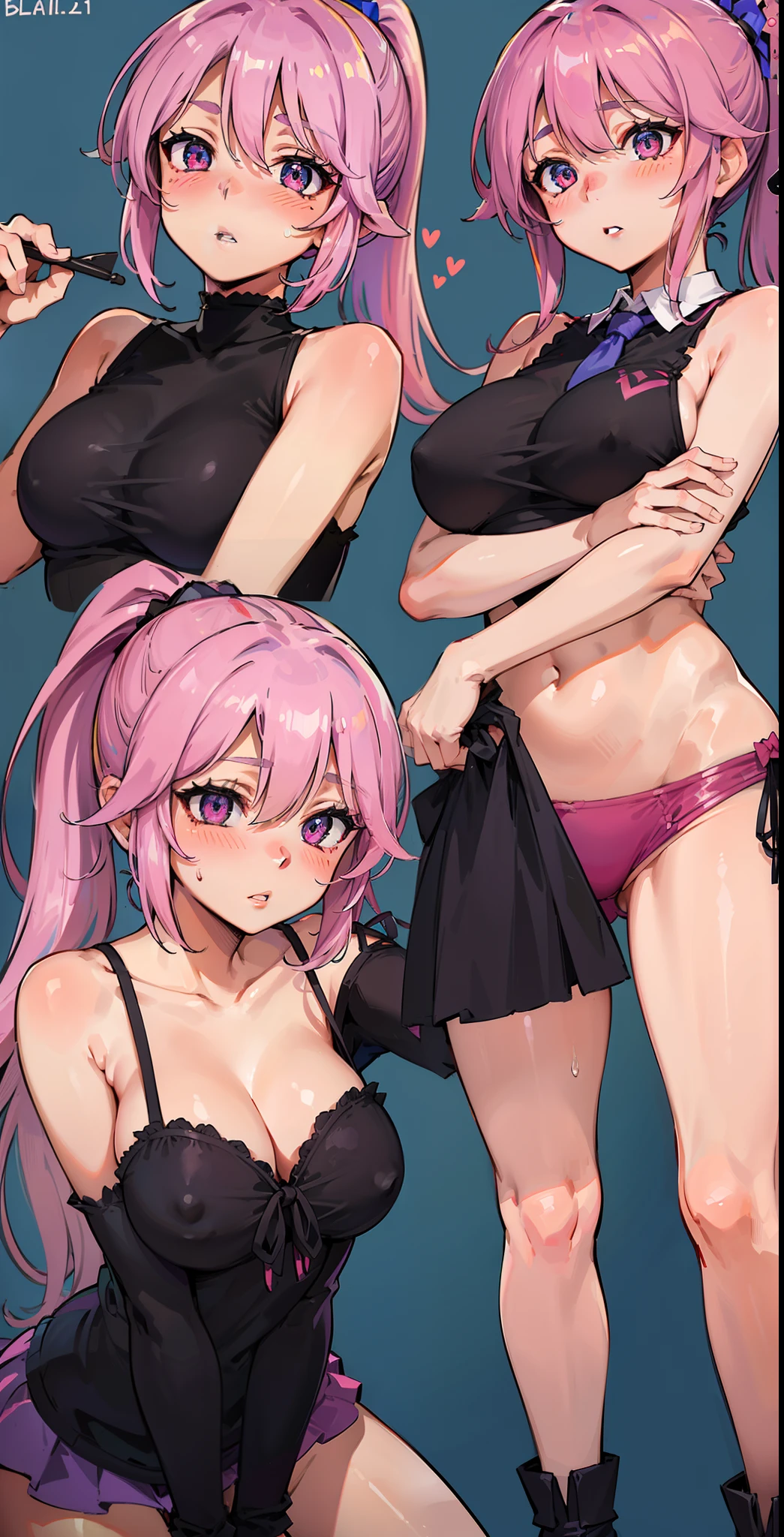 Jibril, (standing), blushed, perfect anatomy, detailed eyes, detailed lips, extremely detailed eyes and face, vivid colors, sharp focus, masterpiece:1.2, ultra-detailed, blushed, ((doggystyle)), (solo), ((tie)), sleeveless, ((((ponytail)))), story, (((charecter sheet))).