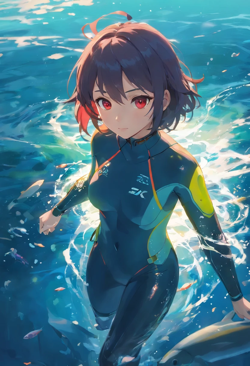 A girl in a wetsuit, In the sea, animemanga girl, In the ocean, wallpaper anime blue water, In the water, on the ocean water, wet suit，diving bcd,diving mask,diving fins （white colors，long whitr hair：1.4）， Red eyes， hdr（HighDynamicRange）， Ray traching， NVIDIA RTX， Hyper-Resolution， Unreal 5， sub surface scattering， PBR Texture， Post-processing， Anisotropic filtering， depth of fields ，Maximum clarity and sharpness， Many-Layer Textures， Albedo e mapas Speculares， Surface coloring， Accurate simulation of light-material interactions， rendering by octane， twotonelighting， Low ISO， White balance， trichotomy， largeaperture， 8K raw data， High-Efficiency Sub-Pixel， sub-pixel convolution， （Luminous Particle：1.4）， {{tmasterpiece， best qualtiy， extremaly detailed cg， Unity 8k壁纸， 。.3D， cinmatic lighting， lens flare glow}}