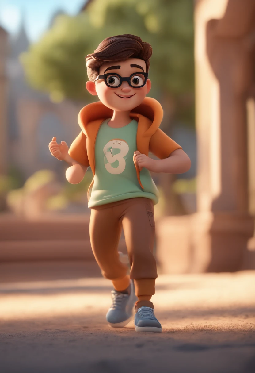 Cartoon character of a teenager with black glasses and a white t-shirt, de cabelo amarrado com a lateral raspada, animation character, Caractere estilizado, animation style rendering, 3D estilizado, 3 d render stylized, toon render keyshot, Personagem 3D, Personagem 3D, 3d rendering stylized, 3 d character render, personagem de desenho animado, Personagem de close up, Pose de personagem,  (Estilo Pixar) (master part:1.2) (Bokeh) (best quality) (pele detalhada) (textura detalhada) (8k) (argila) (Cinematic lighting) (foco nítido