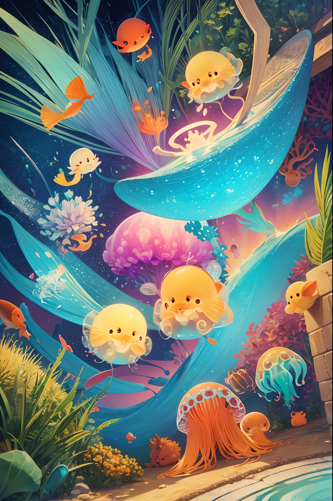 A hybrid acuatic animal mix of jellyfish and hamster. Surrealist, colourful, highly detailed.