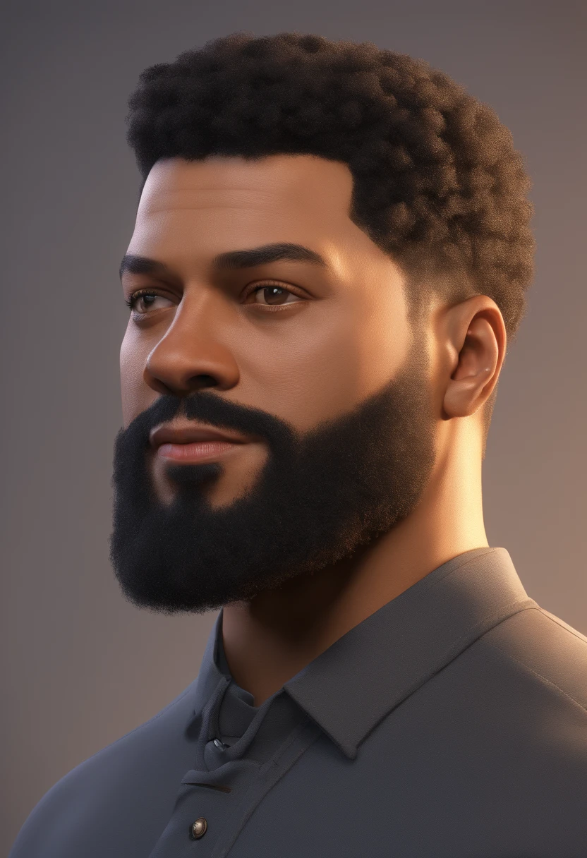 Illustration of a mulatto man with beard and very short black hair, mais ou menos um metro e noventa de altura. Parecido com ator laurence fishburne.