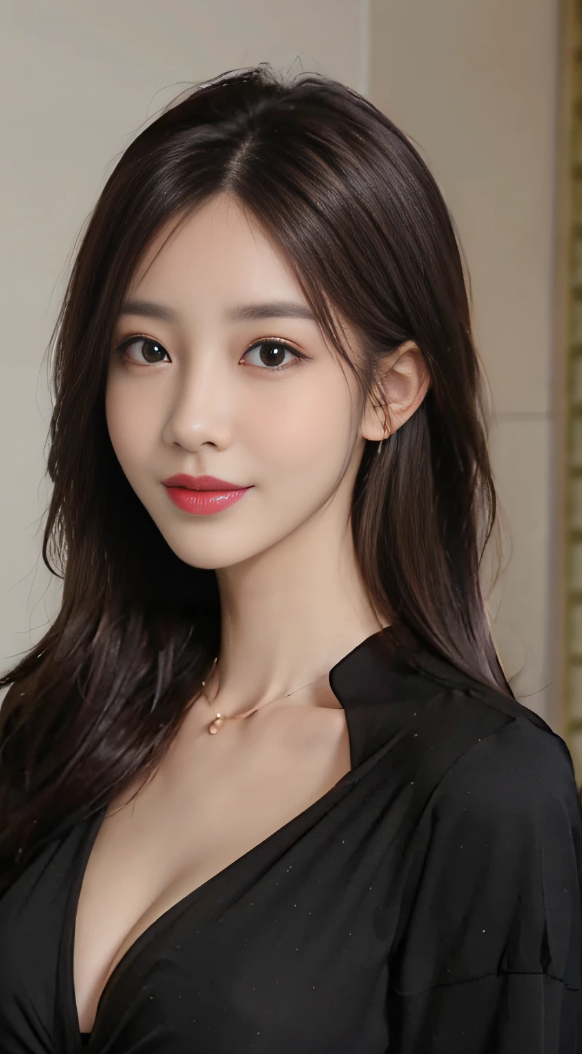 (((Brown Long Hair))), (Louvre Museum), Pose Seductive, (A hyper-realistic), (Illustration), (Increased resolution), (8KUHD), (Extremely detailed), (Best Illustration), (Beautiful and detailed eyes), (Best Quality), (ultra-detailliert), (masutepiece ), ( Wallpaper), (Detailed face), Solo, 1人の女性, Fine details, Detailed face, Deep Shadows, lowkey, pureerosfaceace_v1, Smiling, 46 point slanted bangs、Black blouse、cleavage of the breast、Big necklace、large earring、Laughing、Glasses with thin rims、