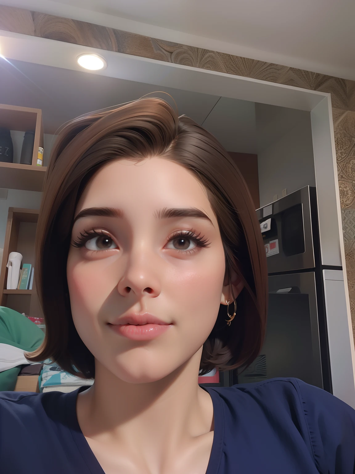 master part, best quality, , olhos verdes, pele escura, brown hair, cabelos ondulados, short hair, Brincos, jewelries, pirata, Camisa comprida, fundo simples, sozinho, parte superior do corpo