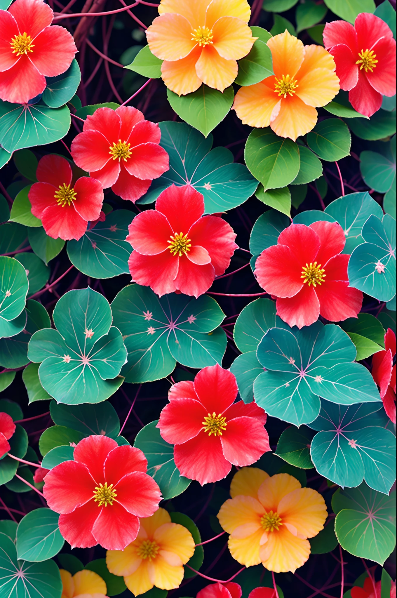 Close-up of weeping begonia in the garden, master works, begonia flowers, colorful, many strings of begonia flowers, like wind chimes, delicate, crystal engine, colorful dyeing, sunny, HD, sunny, many details, high quality, 8k