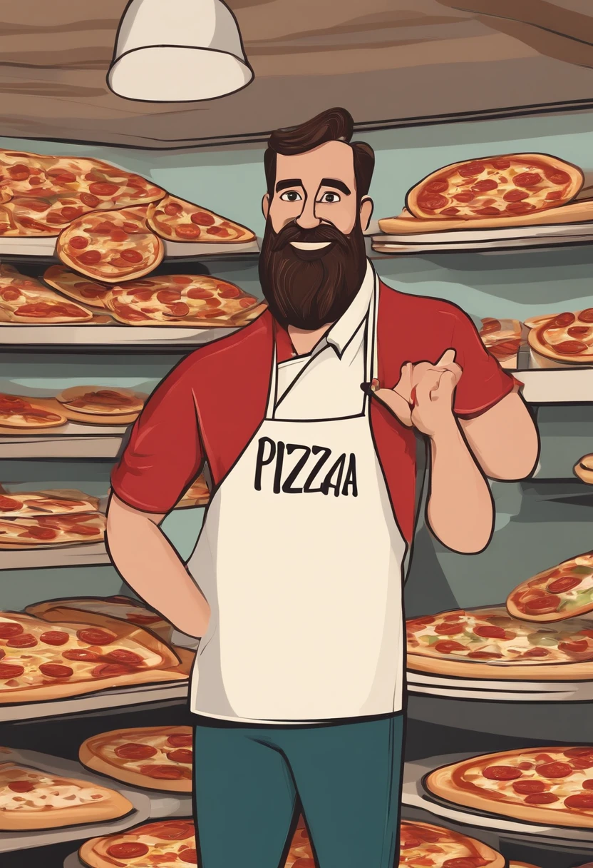 quero uma imagem estilo poster de pixar, 3d, de um homem branco com o cabelo castanho escuro, repartido de lado, com roupa de pizzaiolo com a logo escrito "Filhão Pizzas" com fundo vermelho e letras brancas, With a pizza in hand, mostrar corpo inteiro, fundo cozinha de restaurante