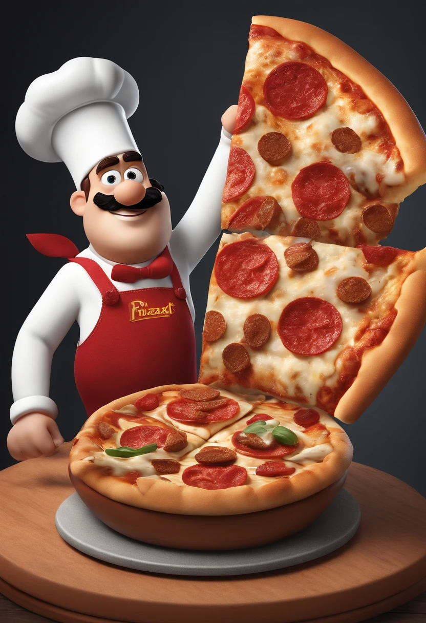 quero uma imagem estilo poster de pixar, 3d, de um homem branco com o cabelo castanho escuro, repartido de lado, com roupa de pizzaiolo com a logo escrito "Filhão Pizzas" com fundo vermelho e letras brancas, With a pizza in hand, mostrar corpo inteiro, fundo cozinha de restaurante