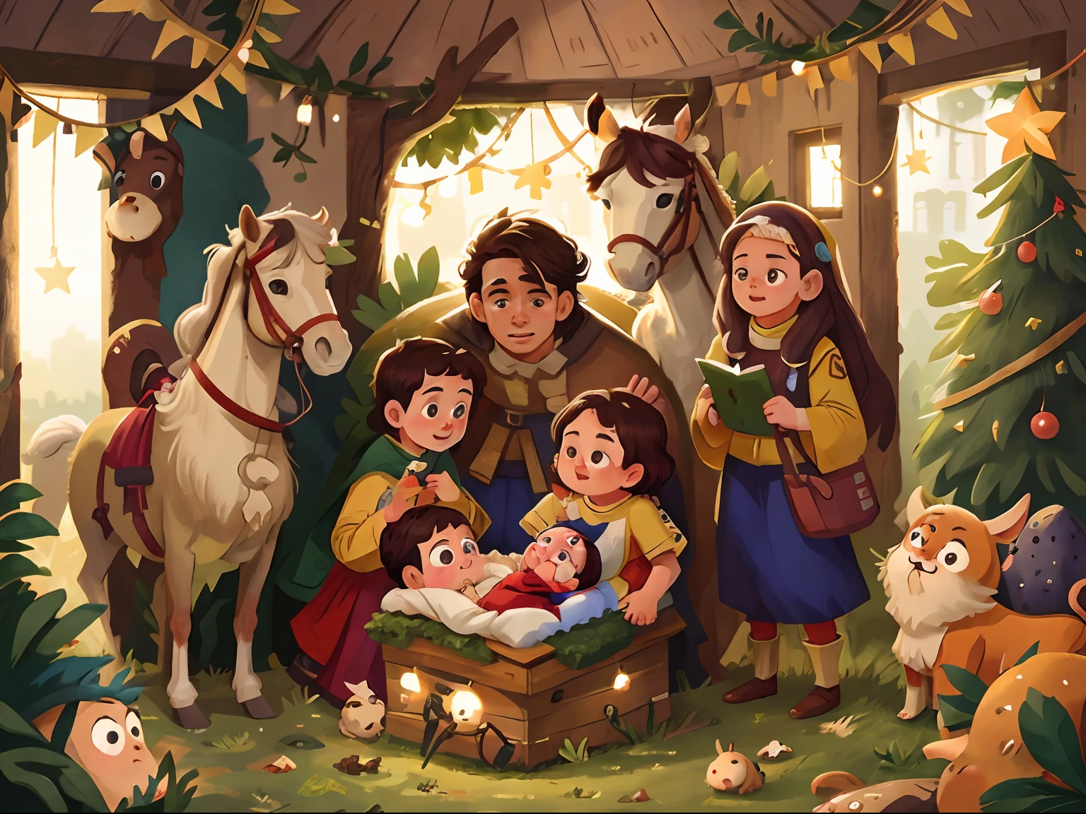 The Birth of the Newborn Jesus in the Stable with the Manger, com os seus pais.