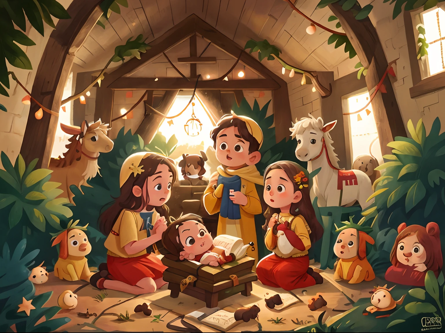 The Birth of the Newborn Jesus in the Stable with the Manger, com os seus pais.