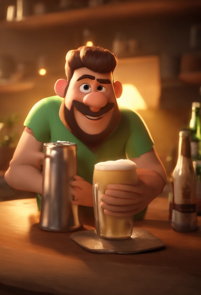 personagem dos desenhos animados de um homem careca com barba curta e uma camisa amarela tomando cerveja, animation character, Caractere estilizado, animation style rendering, 3D estilizado, Arnold Maya render, 3 d render stylized, toon render keyshot, Personagem 3D, Personagem 3D, 3d rendering stylized, 3 d character render, personagem de desenho animado, Personagem de close up, Pose de personagem, (Estilo Pixar) (master part:1.2) (Bokeh) (best quality) (pele detalhada) (textura detalhada) (8k) (argila) (Cinematic lighting) (foco nítido
