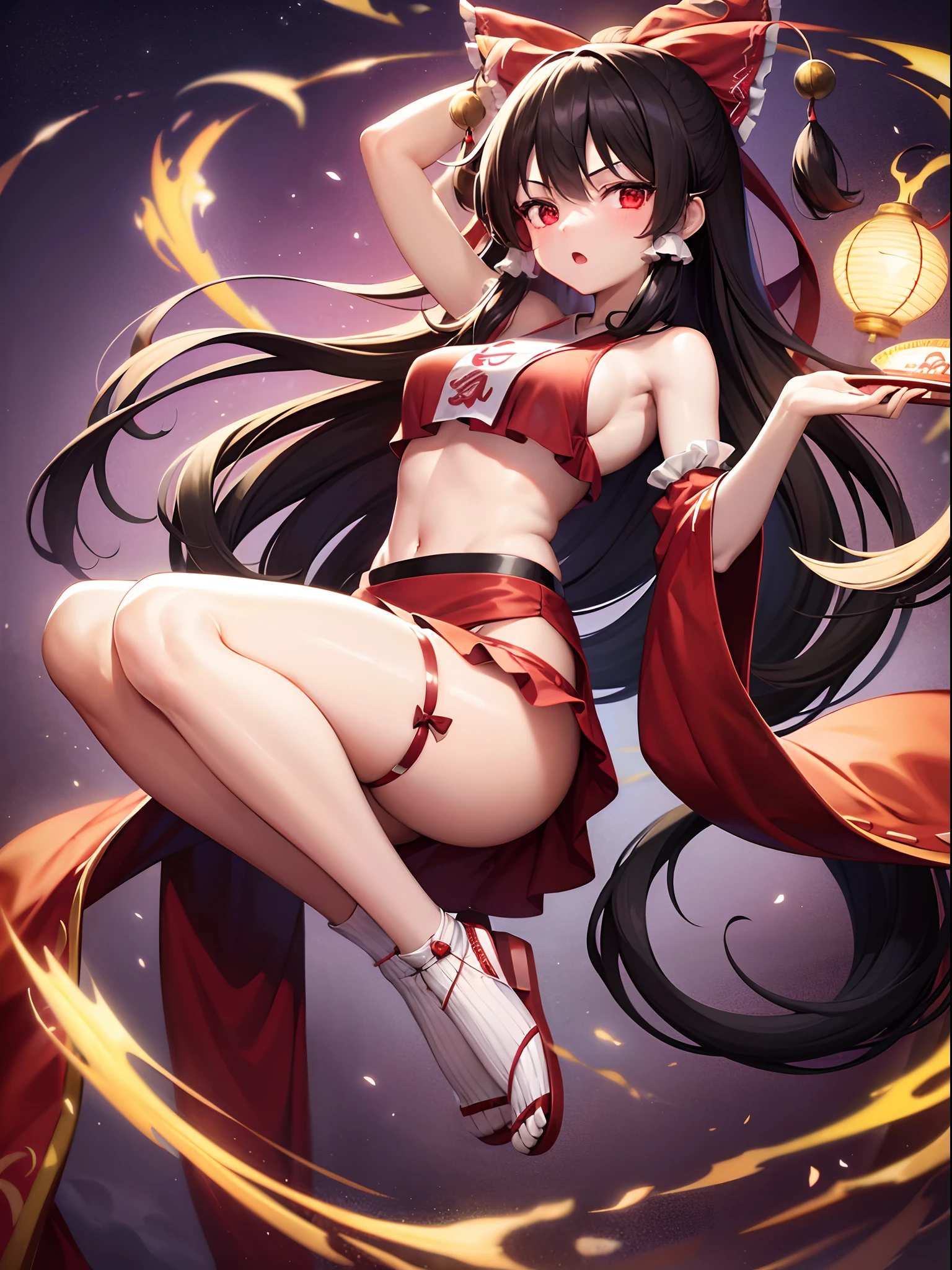 reimu hakurei, 1girl, black hair, wearing red shrine maiden outfit, absurdres, high res, ultrasharp, 8K, masterpiece, looking at viewer, full body