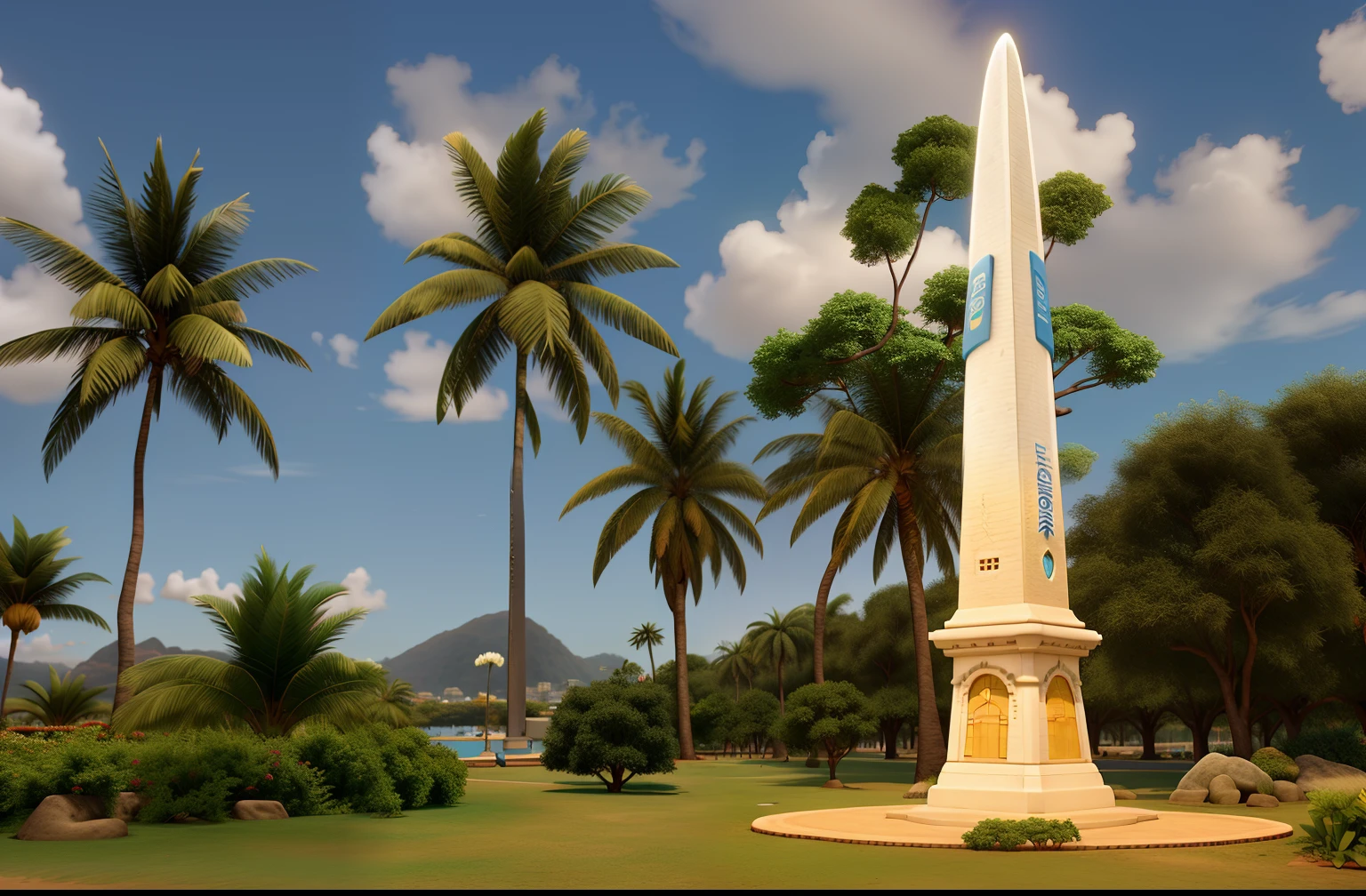 obelisco pontal, com coqueiros e rio de fundo, 3d, etilo deisney pixar