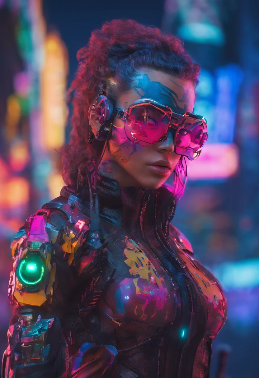 (highly detailed: 1.2), (canon EOS R6 best quality: 1.2), (8k: 1.0), (emb-rrf-low: 1.0), (lots of large black tattoos on cybernetic head open in the middle showing the inside, detailed face, hyper detailed eyes and wearing hi-tech sunglasses with holographic display 1.2), sharp focus (awarded photo: 1.2), (subsurface scatter: 1.2), (subsurface scatter: 1.2). 1.1) (a beautiful ultra-detailed cyborg: 1.2), ( hyper-detailed hair: 1.2), (wonderful body: 1.2), (full body: 1.2), (dynamic stance :1.2), neon glow, (detailed cybernetic eyes:1.1), close-up (hyperrealistic:1.2), rpg, CyberPunk 2077 style, dramatic lighting, (highly detailed futuristic cityscape:1.2), (sci-fi: 1.2). 1.2), professional portrait photography, by wlop greg rutkowski jeffrey simpson alphonse mucha, brown hair