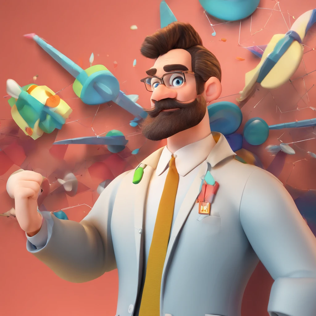 Criar um personagem no estilo Pixar. Trata-se de um homem de 30 anos, com barba, Branco, com cabelos castanhos curtos e um quiff, e olhos castanhos. Ele deve estar na frente de um computador, Trabalhar como designer