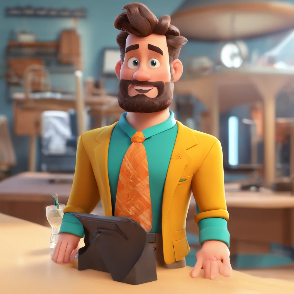 Criar um personagem no estilo Pixar. Trata-se de um homem de 30 anos, com barba, Branco, com cabelos castanhos curtos e um quiff, e olhos castanhos. Ele deve estar na frente de um computador, Trabalhar como designer