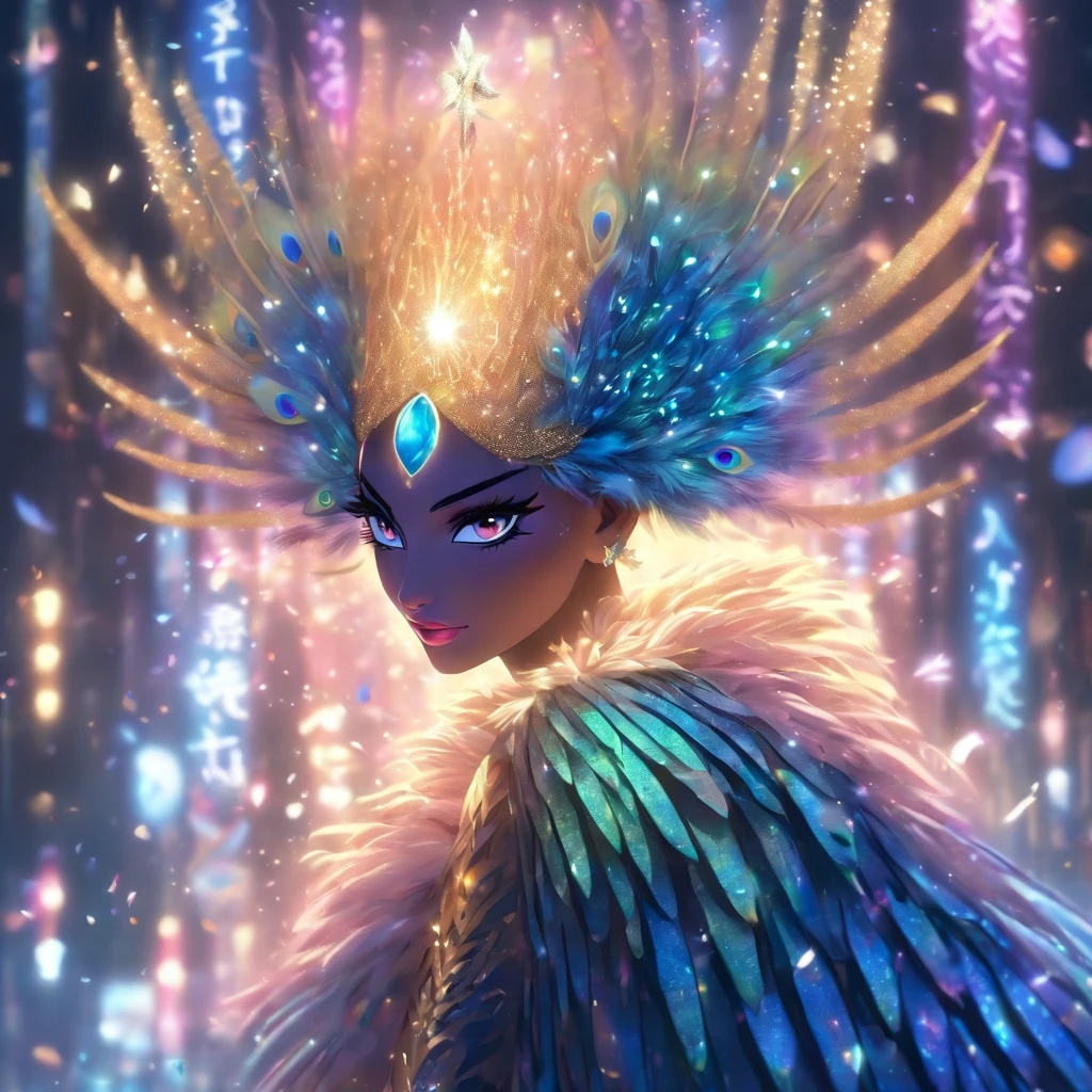 "(best quality,4k,8k,highres,masterpiece:1.2),ultra-detailed,(realistic,photorealistic,photo-realistic:1.37),vibrant colors,sparkling lights,celestial drag queen,masculine figure,enormous peacock-style dress,detailed feathers,extravagant makeup,shimmering sequins,daring attitude,confident expression,glamorous jewelry,exquisite headpiece,dramatic stage presence,elegant pose,heavenly background,zodiac signs floating in the sky,ethereal aura"