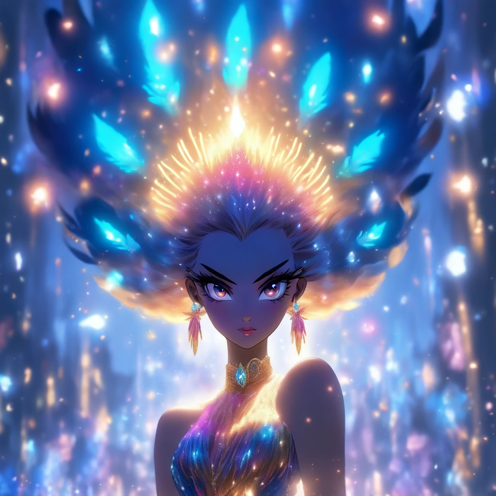 "(best quality,4k,8k,highres,masterpiece:1.2),ultra-detailed,(realistic,photorealistic,photo-realistic:1.37),vibrant colors,sparkling lights,celestial drag queen,masculine figure,enormous peacock-style dress,detailed feathers,extravagant makeup,shimmering sequins,daring attitude,confident expression,glamorous jewelry,exquisite headpiece,dramatic stage presence,elegant pose,heavenly background,zodiac signs floating in the sky,ethereal aura"