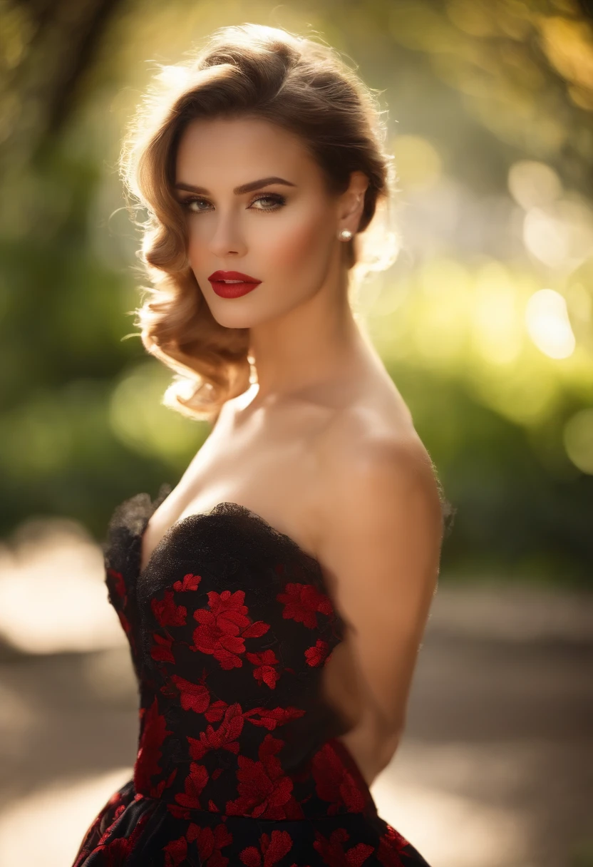 LNDSWGNR, (foco nítido: 1.5), (foco nítido:1.2), fotografia, mulher jovem atraente, (beautiful face:1.1), Olhos detalhados, lush lips, (color of bold red lips:0.85), (medium breasts:1.0), (corpo magro:1.2), Usando (Vestido peplum dos anos 1980:1.2) em um (botanic garden:1.2). (Moody Lighting:1.2), profundidade de campo, Bokeh, 4k, HDR. por (Tiago C. Christensen:1.2|Jeremy Lipking:1.1).